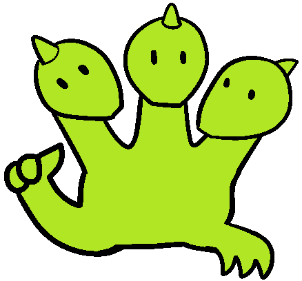 A bright green hydra gesturing to itself with one hand.